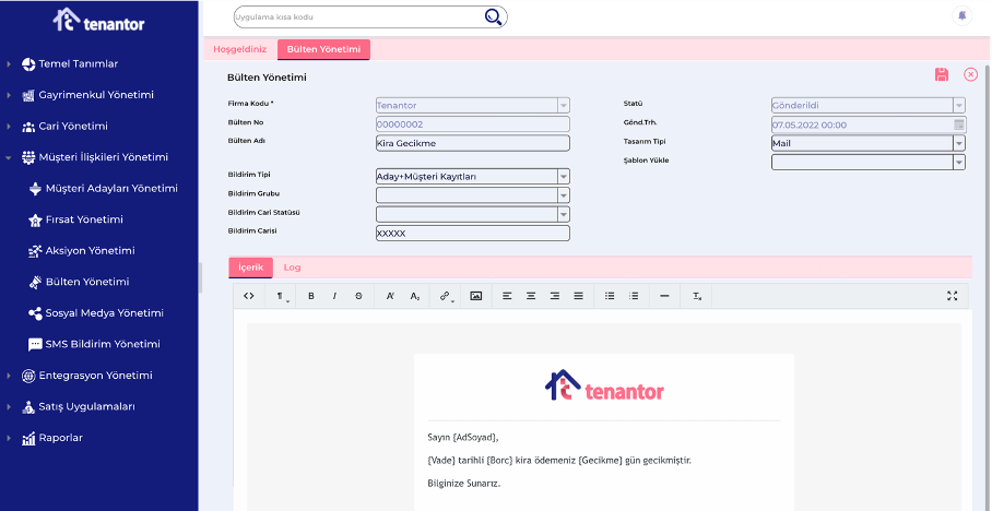 Gayrimenkul CRM - SMS Yönetim Ekranı