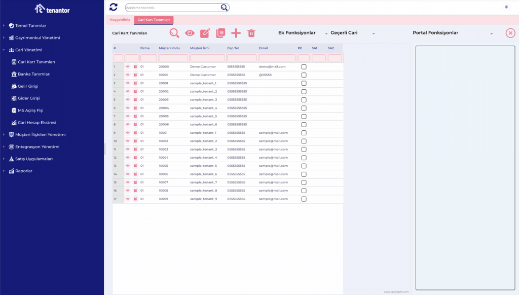 Tenantor Gayrimenkul Yönetim Sistemi Cari Kart Tanım Ekranı