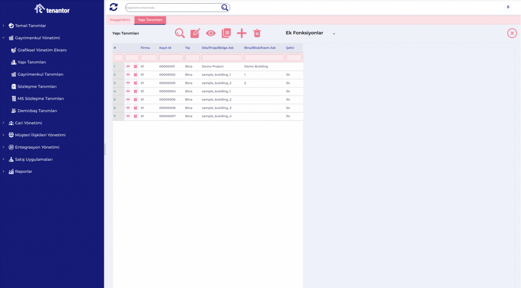 Tenantor Gayrimenkul Yönetim Sistemi Yapı Tanımları Ekranı