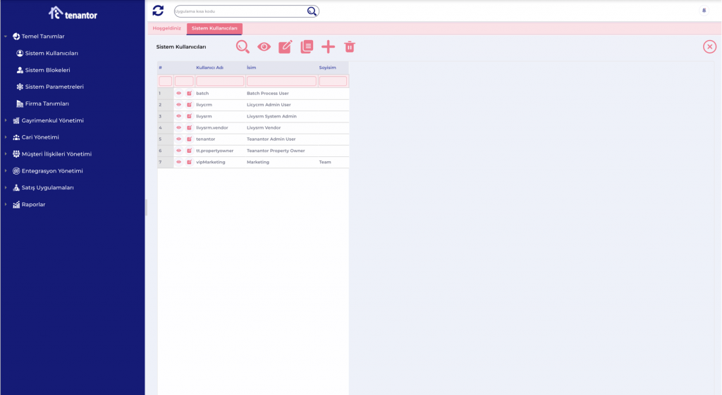 Tenantor Gayrimenkul Yönetim Sistemi Kullanıcı Tanım Ekranı
