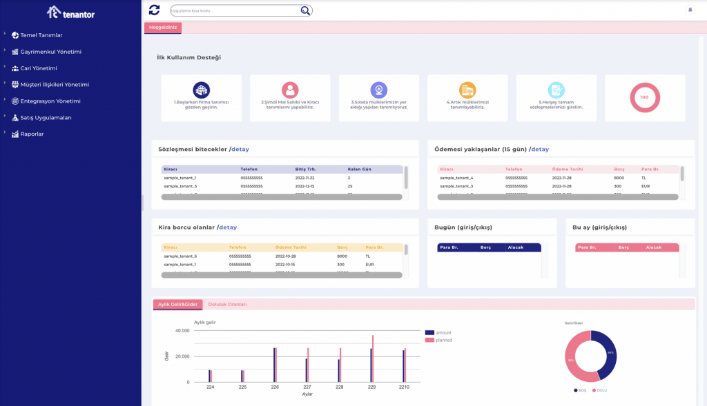 Tenantor Gayrimenkul Yönetim Sistemi Hoşgeldiniz Ekranı